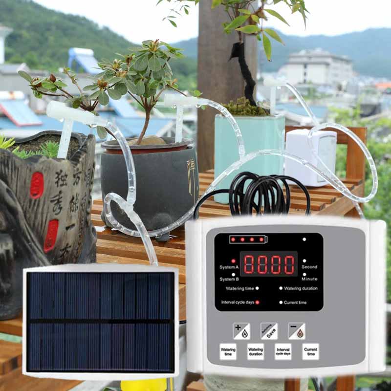 Smart Garden Tap Timer - อุปกรณ์รดน้ำหยดพลังงานแสงอาทิตย์อัตโนมัติ ปั๊มคู่ วาล์วปรับได้ ระบบตั้งเวลาควบคุมอัจฉริยะ สำหรับรดน้ำสวน
