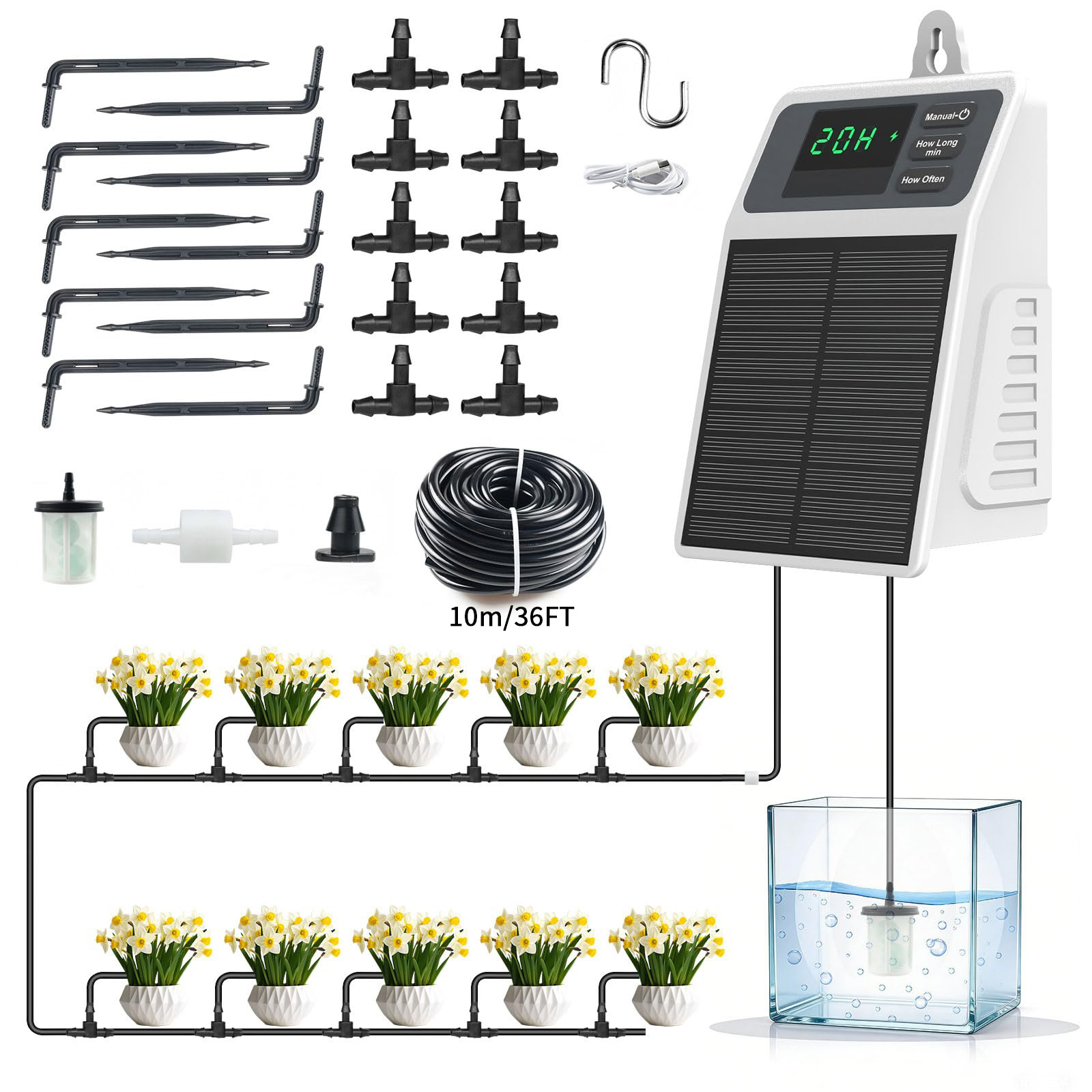 Yoocaa Smart Garden - ระบบให้น้ำหยดด้วยพลังงานแสงอาทิตย์แบบอัตโนมัติรุ่นอัปเกรด อุปกรณ์รดน้ำต้นไม้สำหรับบ้าน สวน ระเบียง โรงเรือน และต้นไม้แขวน